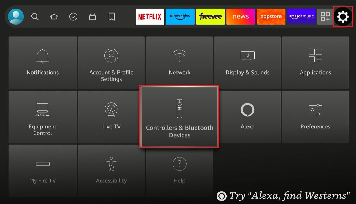 The Controllers & Bluetooth Devices is highlighted with a red box on Fire TV