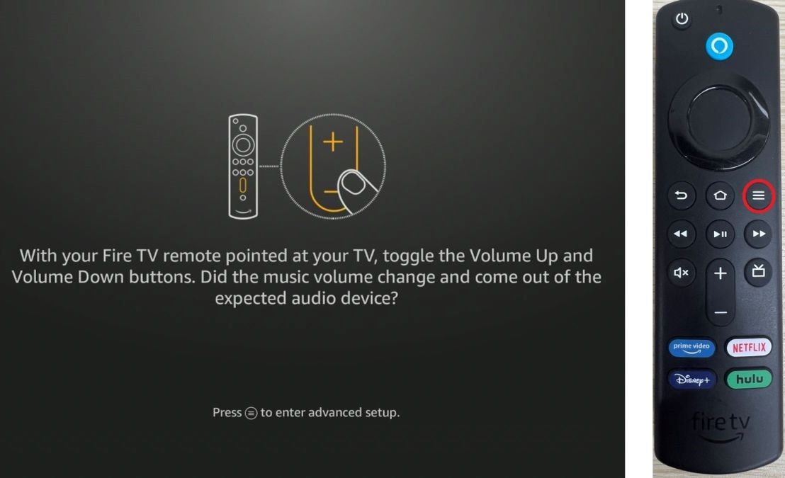 The Fire remote on the right of the image and the Fire Stick settings interfaces asking for press the three lines button on the remote