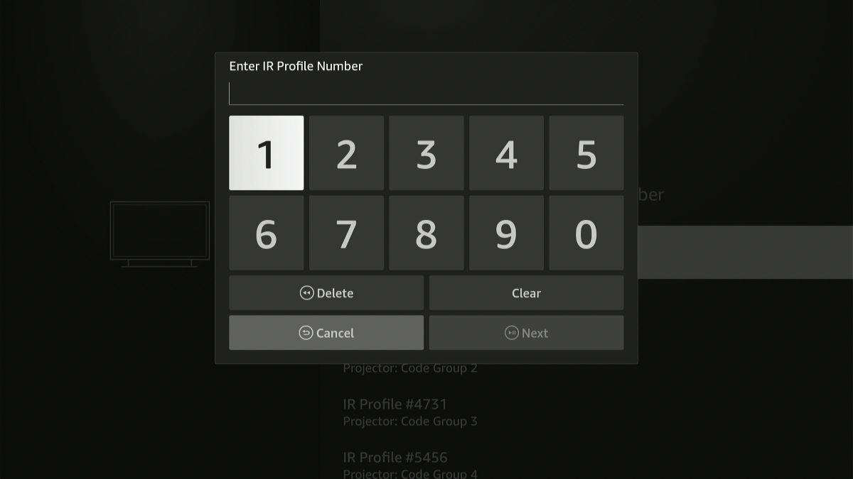 The IR control panel from the Fire TV for user can manually enter the IR code of the TV or projector