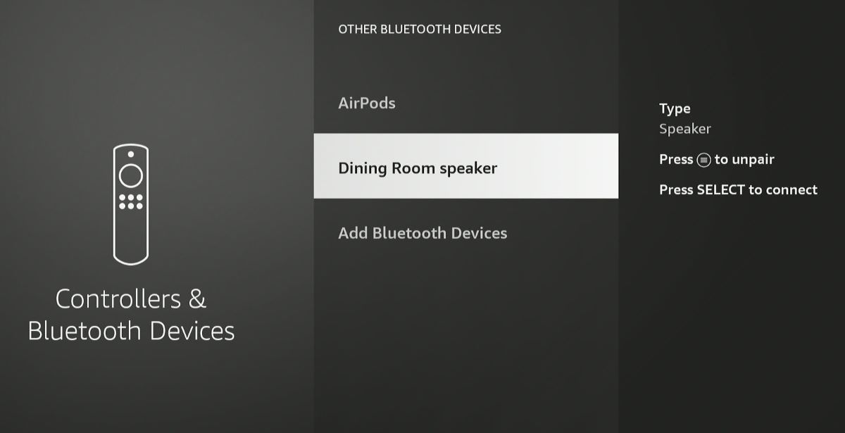 The LG soundbar name Dining Room Speaker shows up in the Bluetooth list devices on Fire Stick