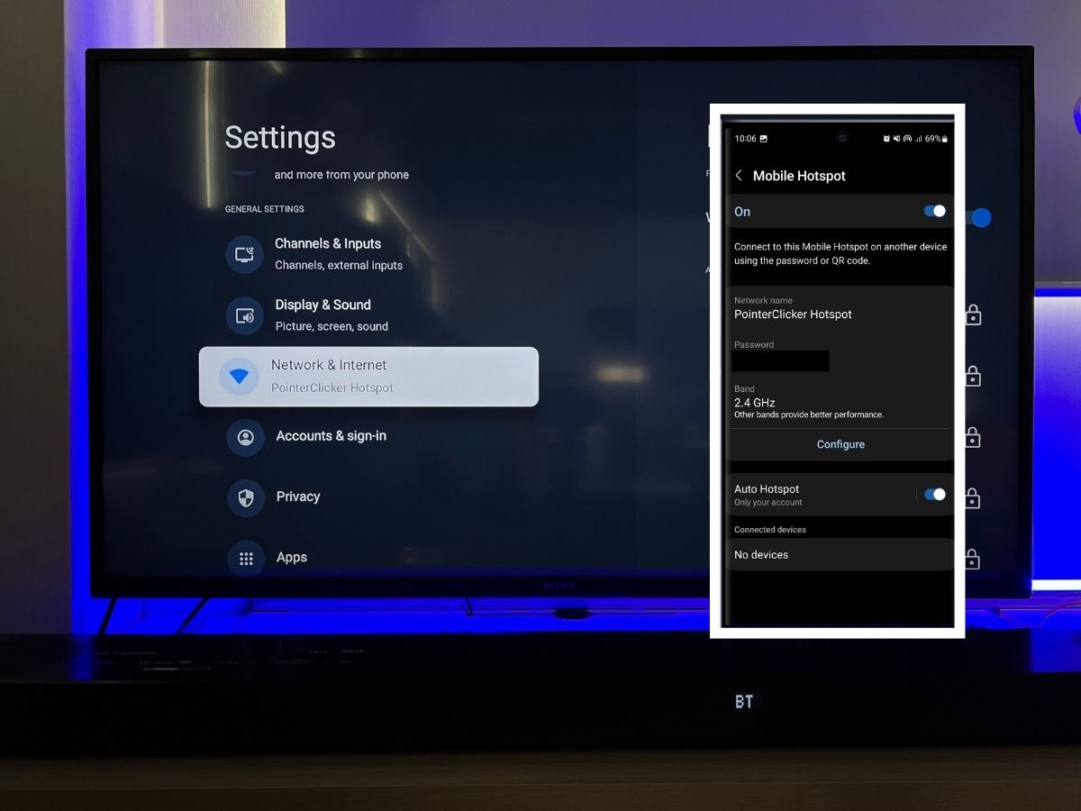 The Mobile Hotspot is sharing from Samsung phone for the Sony TV can connect to it