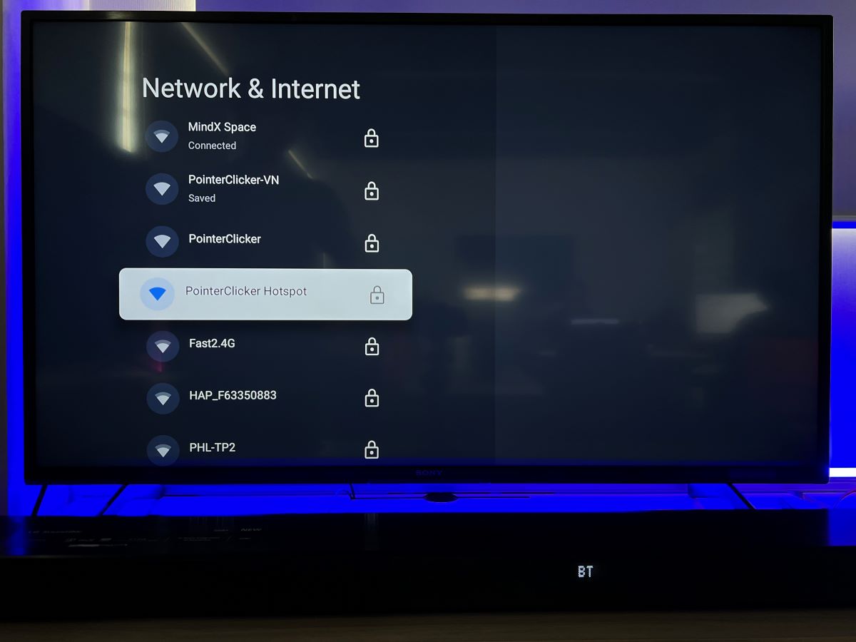 The Sony TV is showing the Network & Internet that connected to a Wi-Fi Hotspot from a phone
