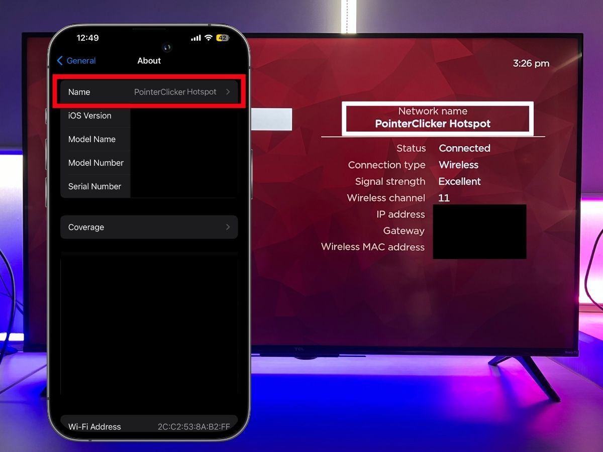 The TCL Roku TV is connected to the Wi-Fi Hotspot named PointerClicker Hotspot