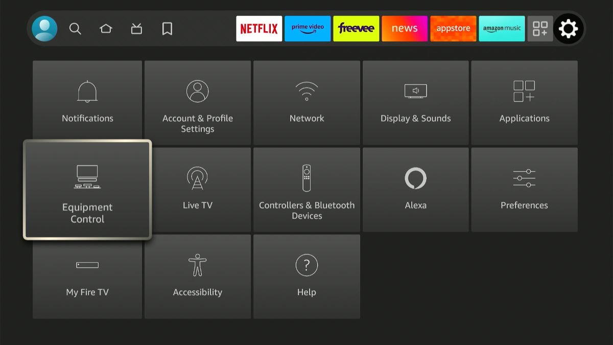 The equipment control from the Fire Stick menu settings