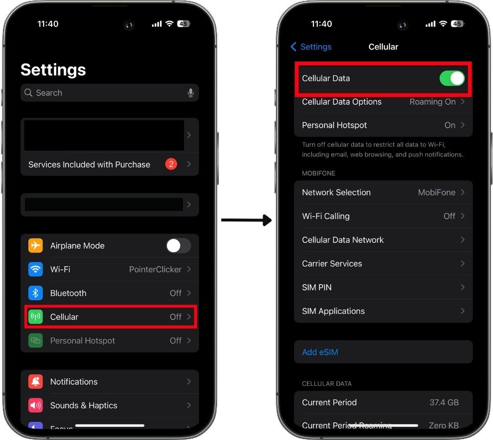 The iPhone 13 settings with the cellular is getting enable