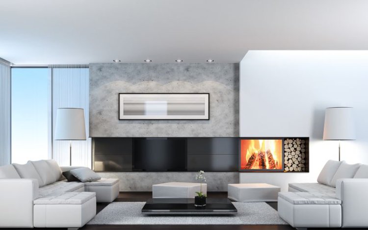 a black TV and wood burning fireplace set in the modern living room