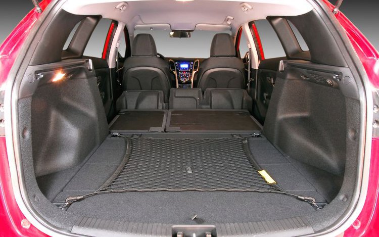 a car trunk with backseat folding down