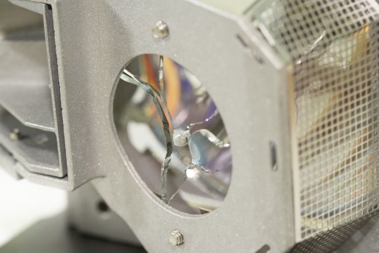 close up view of broken projector lamp