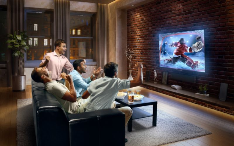 friends watching a hockey game on TV at home