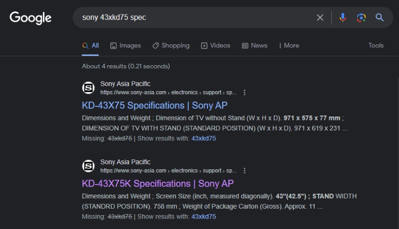 search for Sony 43xkd75 spec on Google