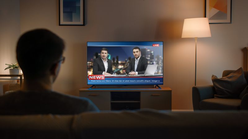 young man watching Live News on TV