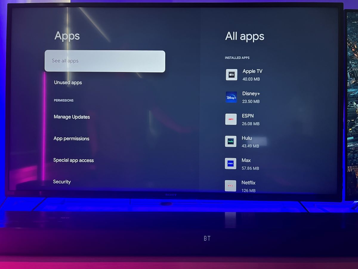 All apps from the Sony TV settings