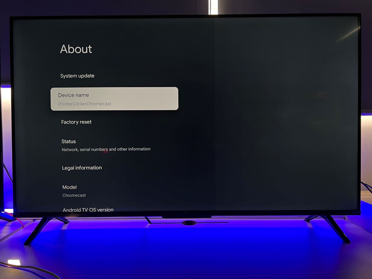 The Device name of the TCL TV is set to a PointerClickerChromecast