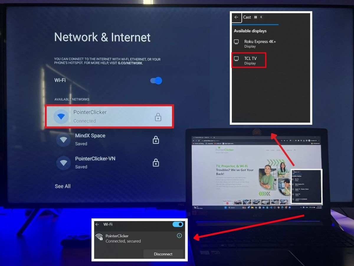 The TCL Google TV and Acer laptop are connected to the same Wi-Fi network