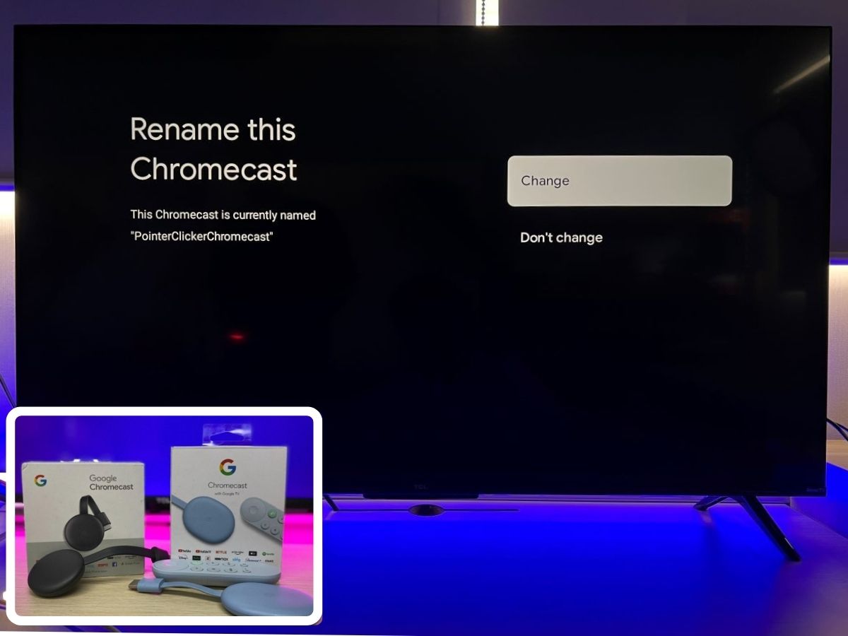 The TCL Google TV changing name with the Chromecast streaming devices in the left corner of the image