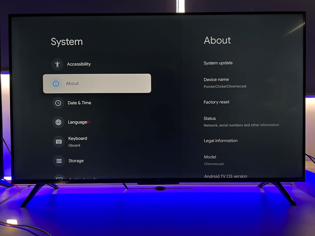 The TCL Google TV with the About from the settings
