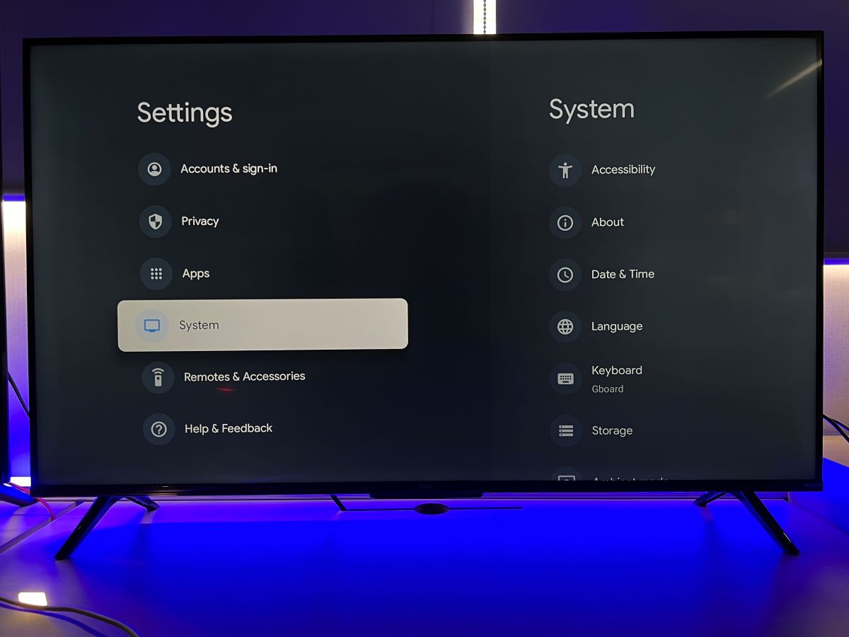 The system from the settings on TCL Google TV