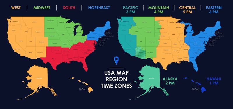 a US map and different regions time zone