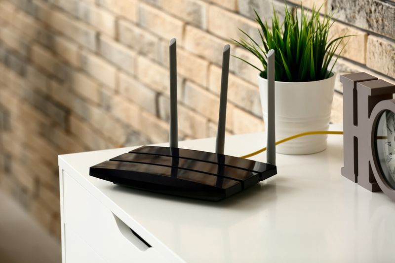 a black wifi router on the white table