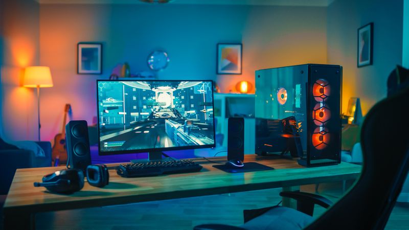 a gaming PC setup in a neon living room
