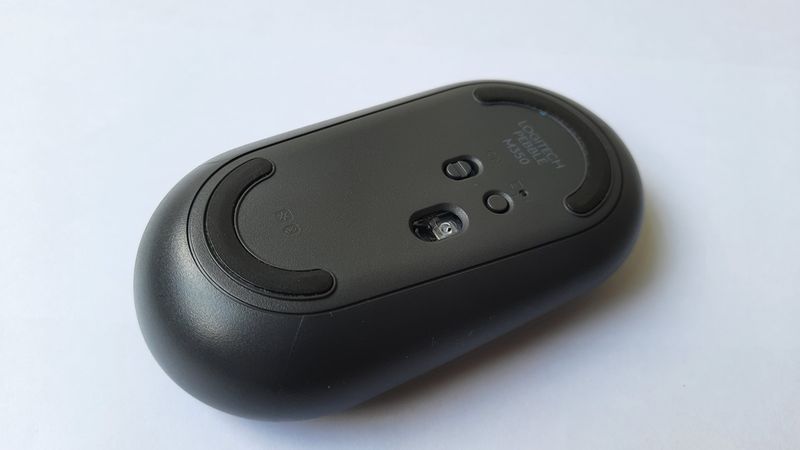 bottom view of a black wireless mouse