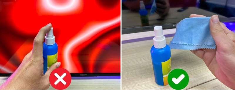 right and wrong actions when using the eyeglass cleaner to clean a TV screen