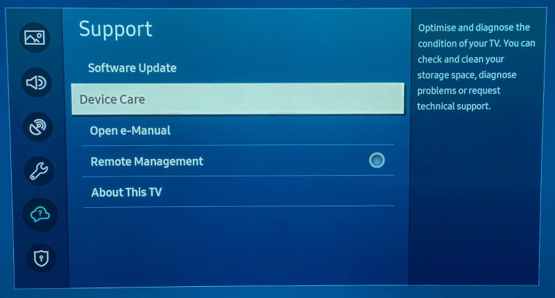 select Device Care in the Samsung TV Support setting