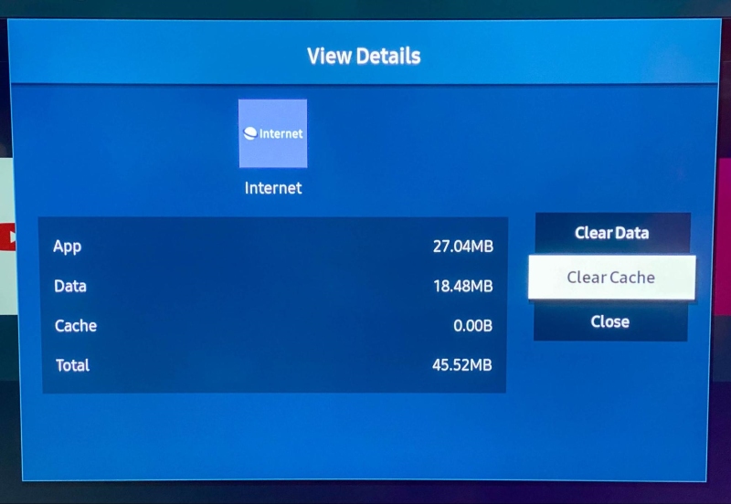 select the Clear Cache option of the Samsung TV built-in web browser