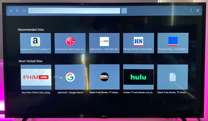 the home page of LG TV's built-in web browser