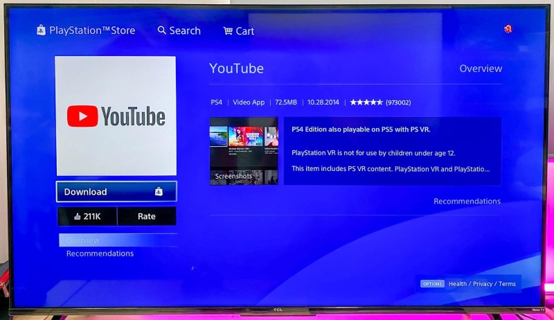 Download the Youtube app for PS4