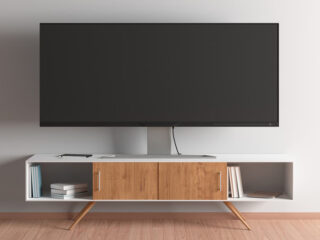 TV wide screen on TV stand in a modern living room