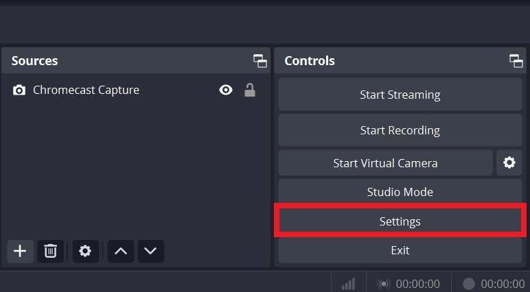 The Settings option on OBS software
