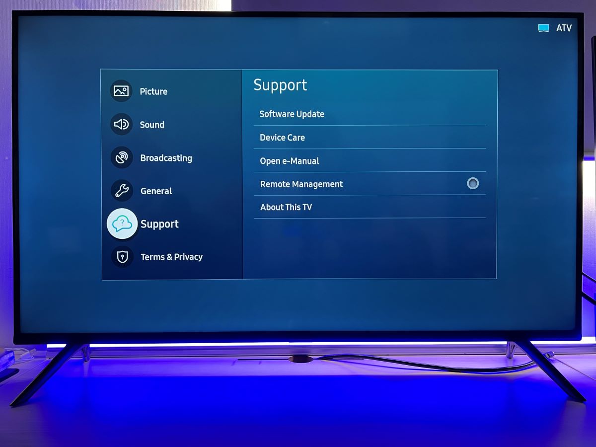 The Support option from the settings on Samsung TV