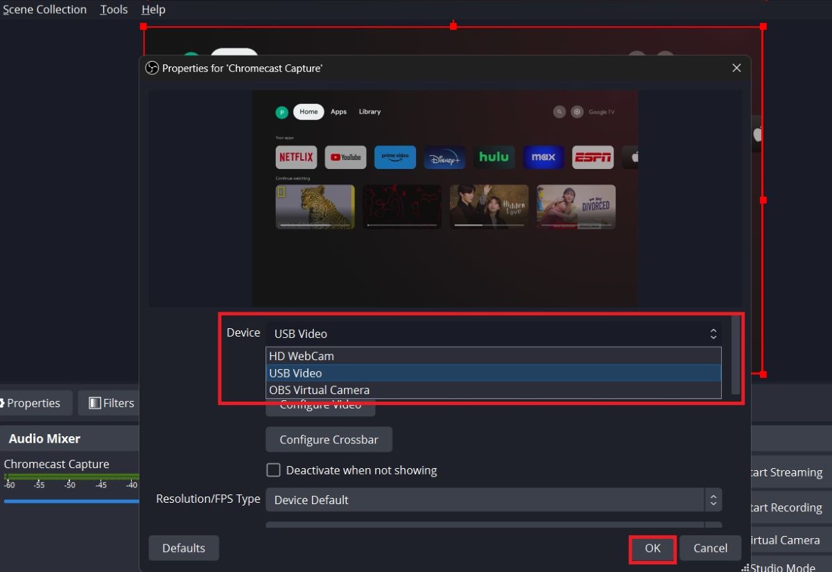 The USB video option from the OBS software