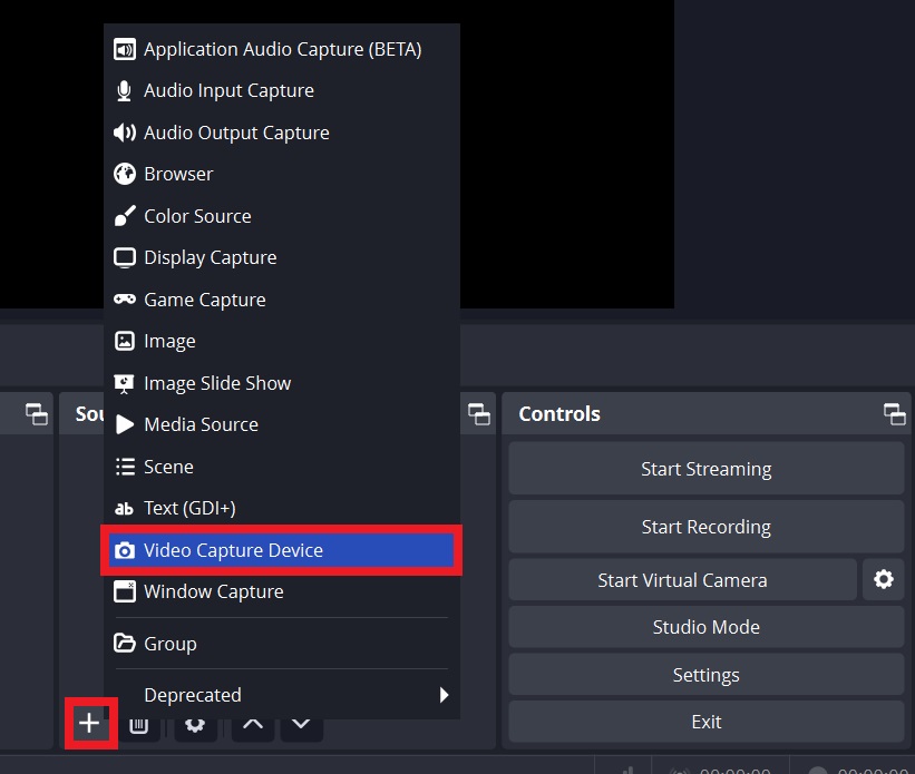 The Video Capture Device option from add new source on OBS software
