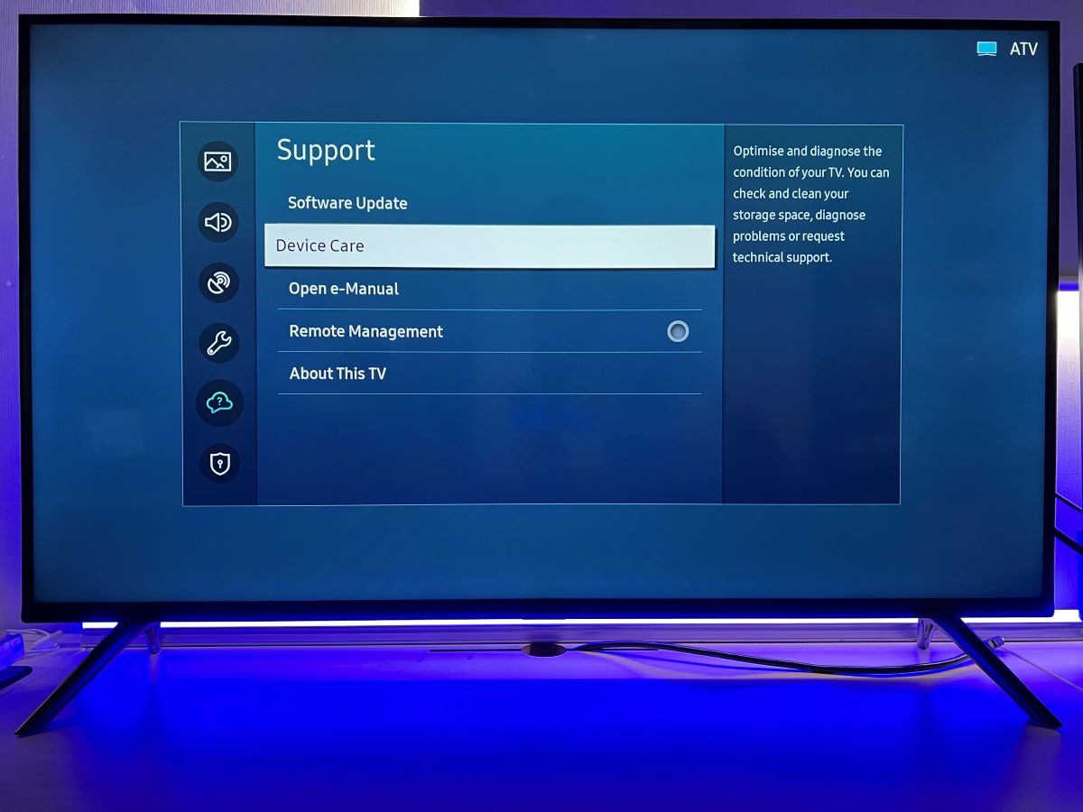 The device care from the settings option on Samsung TV