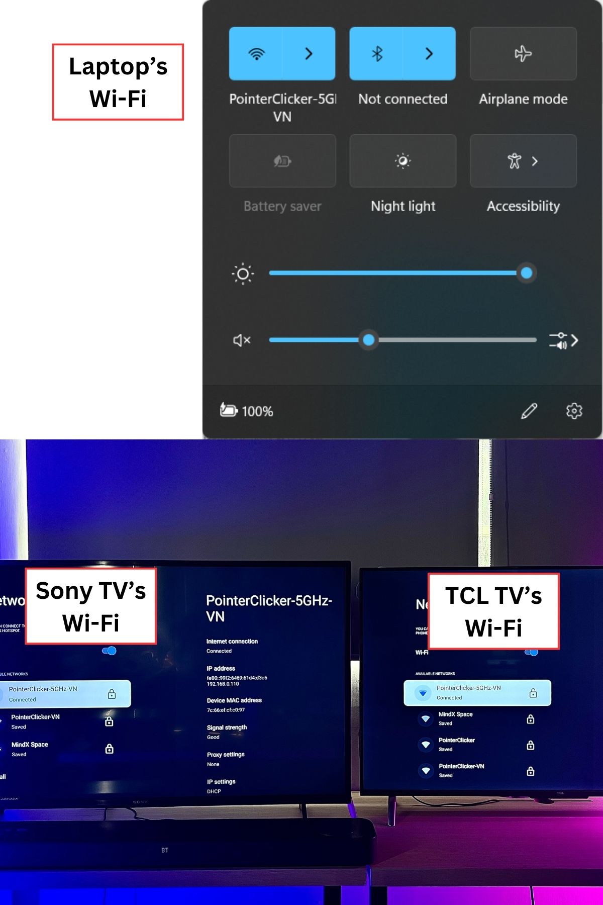 a laptop and two tvs are connected to the same wi-fi network