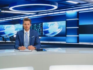 a man in blue suite presenting news on TV