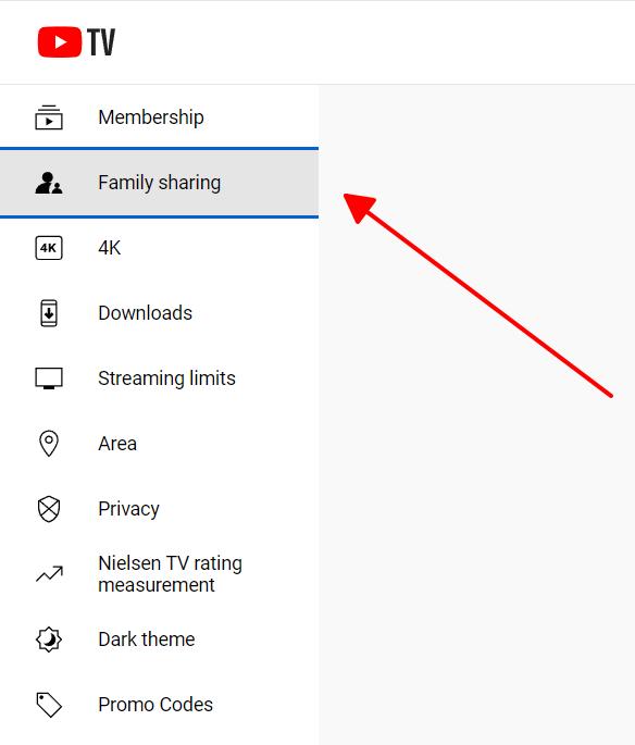family sharing option is pointed at on youtube tv website
