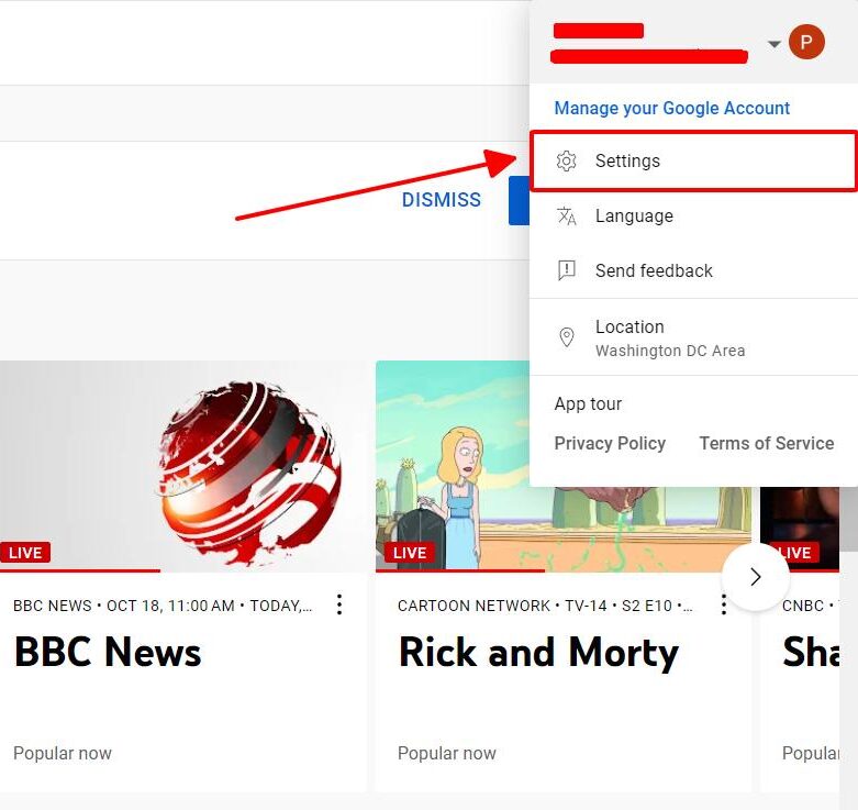 settings option is highlighted in youtube tv website