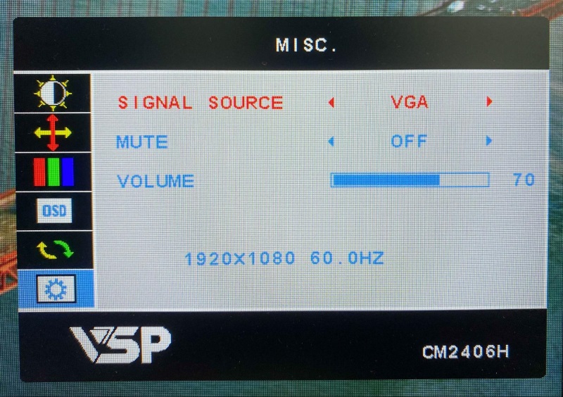 the signal source is set to VGA on a CM2406h VSP monitor