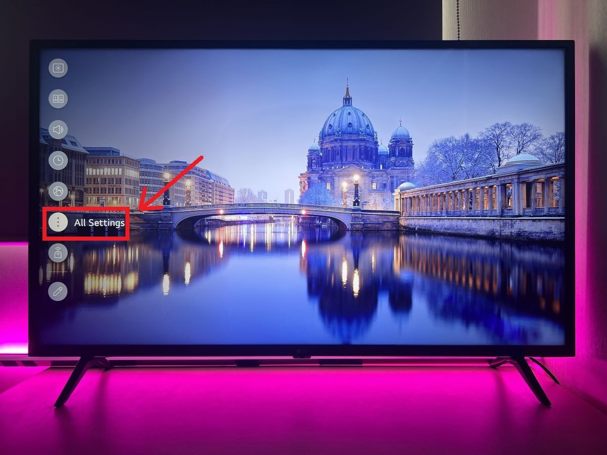 All settings from LG TV with a pink light background