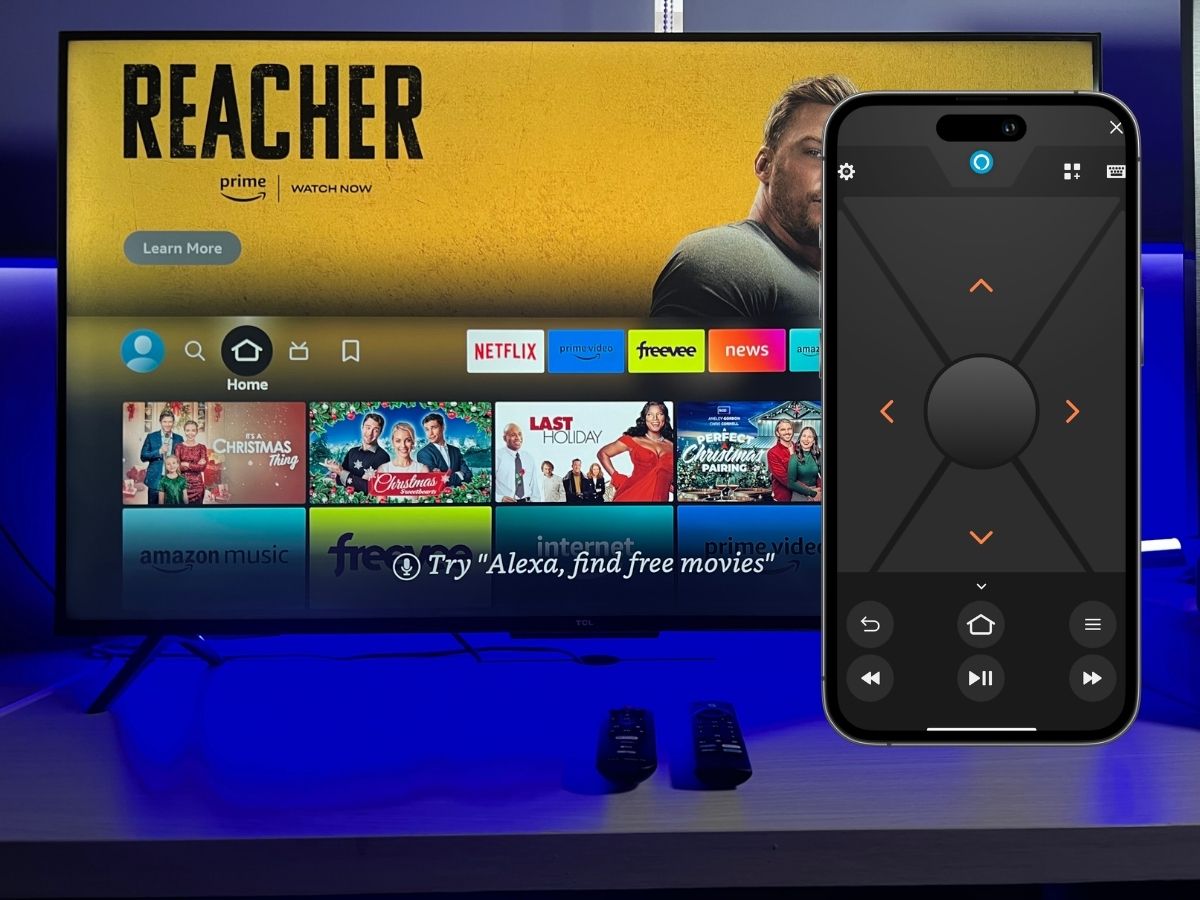 An iPhone is being used as a Fire TV remote by using the Fire remote app to control the Fire Stick