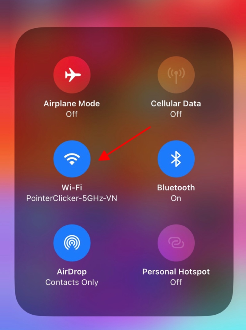 Pointing to the Wi-Fi icon on the iPhone Control Center