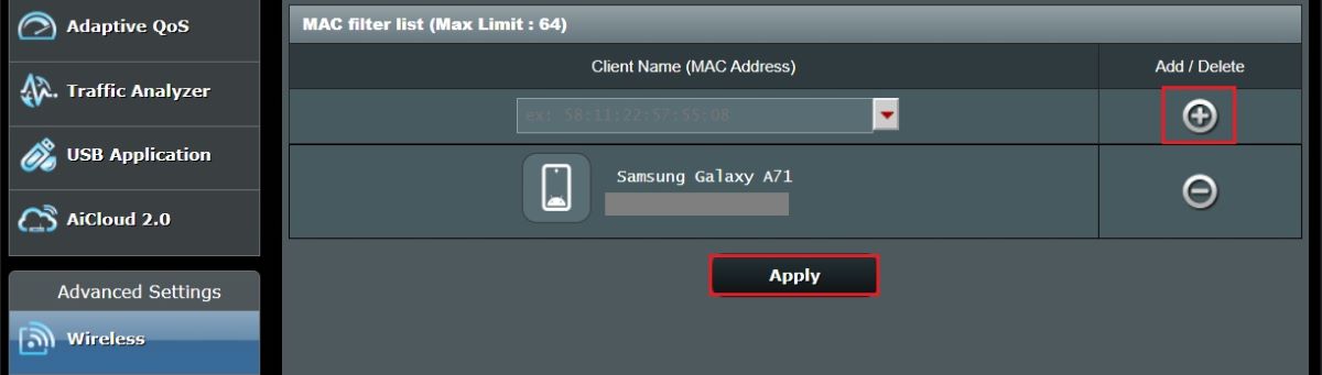 Samsung Galaxy A71 is set to the un-allow to connect to Asus router