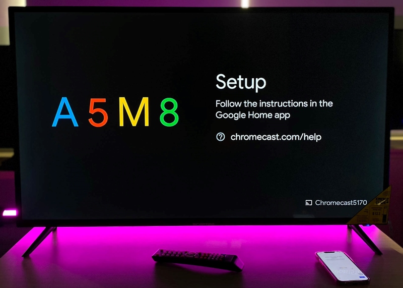 Setup instruction screen for a Chromecast device on a TV