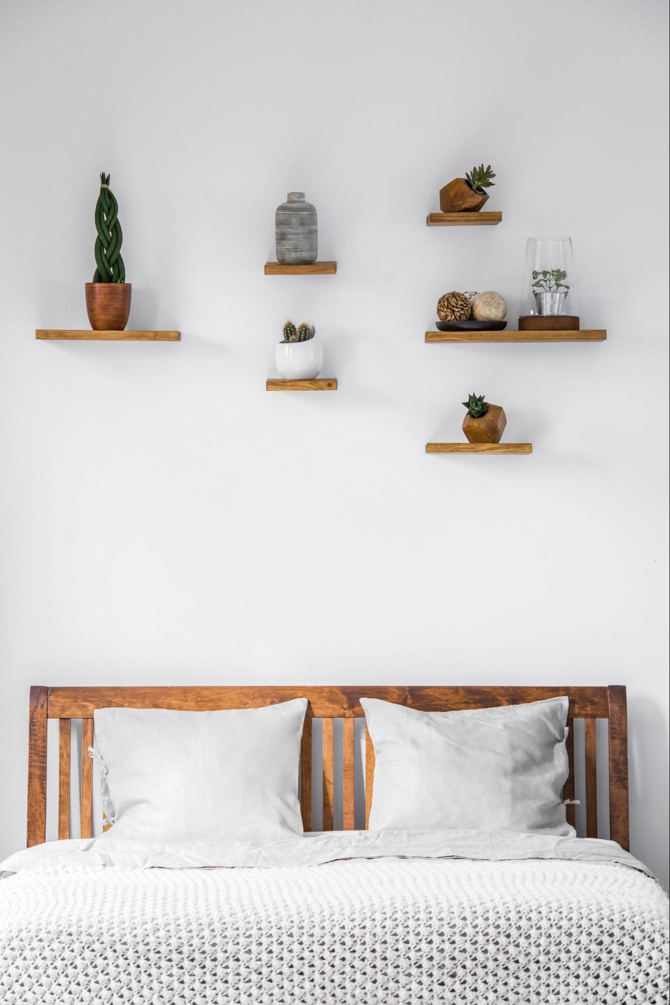 Shelves above a bedroom