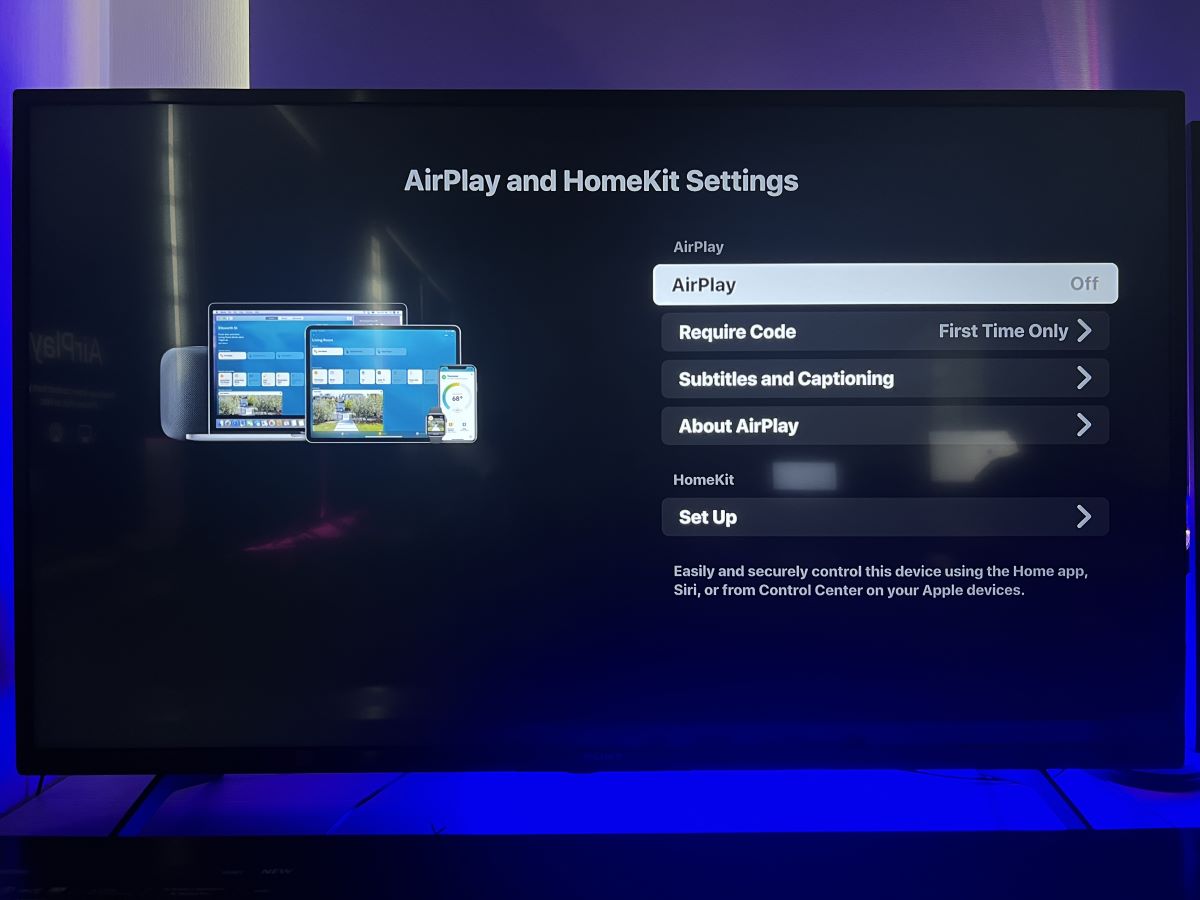 The AirPlay feature on Sony TV is set to off