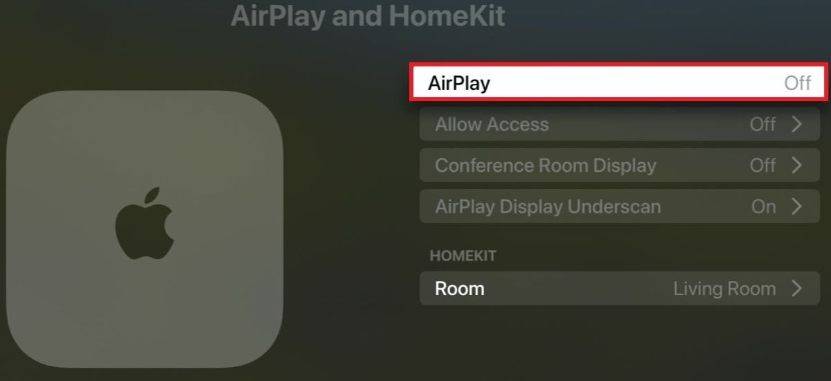 The Apple AirPlay & HomeKit on Apple TV is disabled