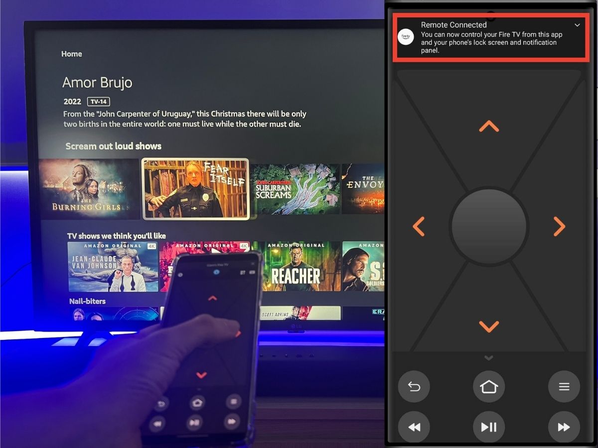 The Fire TV remote app is connected to the Fire Stick on the TV and able to control the Fire streaming device